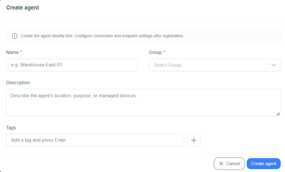 Create agent dialog with Name, Group, Description, and Tags fields
